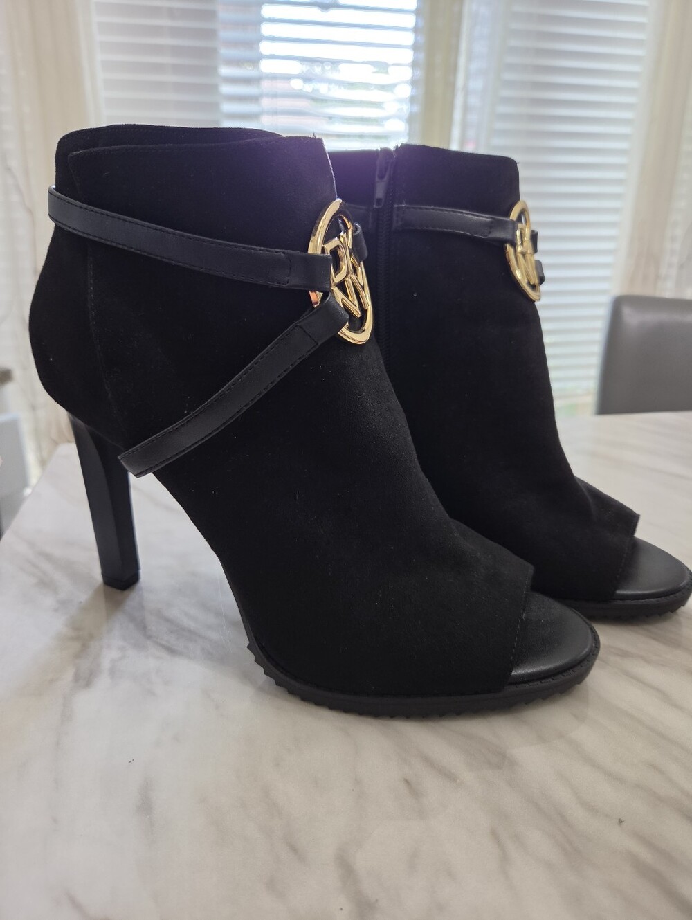 DKNY Black Suede Peep-Toe Ankle Boots